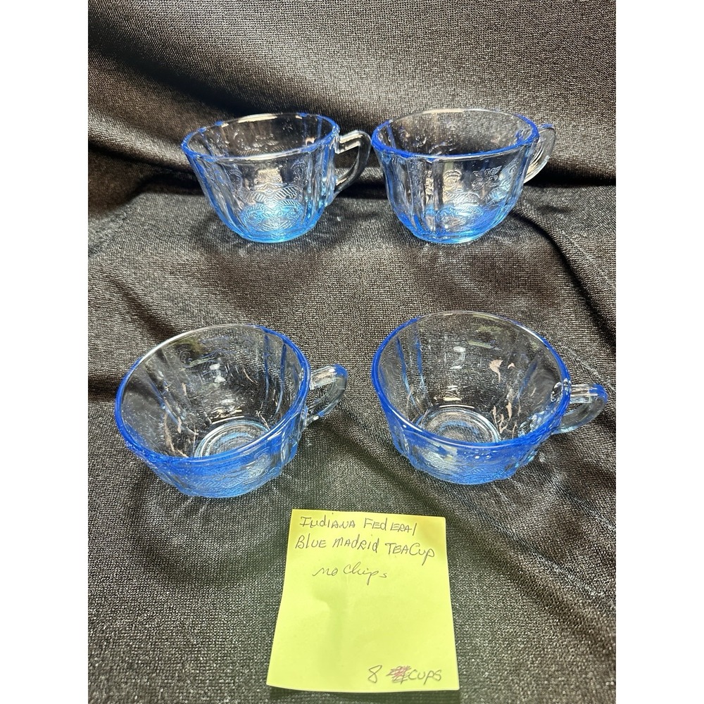 Indiana Glass Federal Madrid Blue Recollection 4 Tea Cups Depression, Glass - Picture 10 of 10
